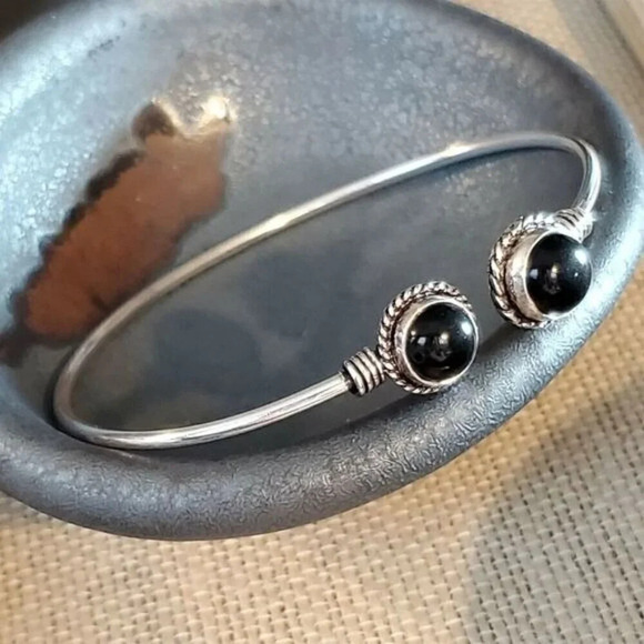 Black Onyx Gemstone Sterling Silver Overlay Artisan Cuff Bracelet 6743-E